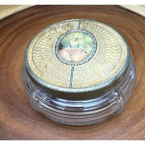 Glass Vanity Powder Jar with Ornate Metal Lid & Romantic Scene 1930s
